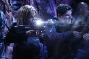 Teyla and Major Lorne (Kavan Smith) defend themselves against some especially nasty Wraith in the season five Atlantis episode "Infection." Photo by Eike Schroter and copyright of the Sci Fi Channel